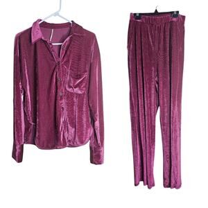 Free People Sz XS Kit Kat Berry Velvet Top Pants Lounge Set Wide Leg High Waist